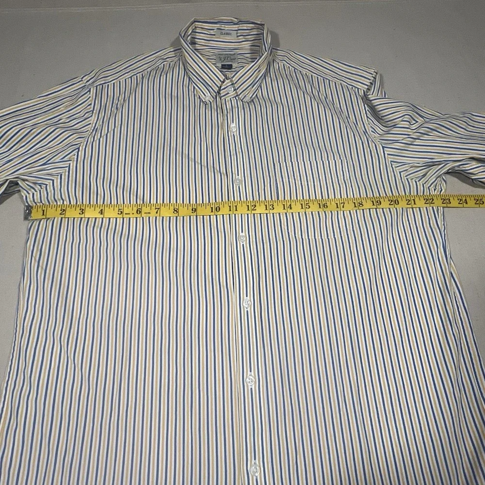 J Crew Secret Wash Shirting Mens Large Classic Striped Shirt Blue Yellow Stretch